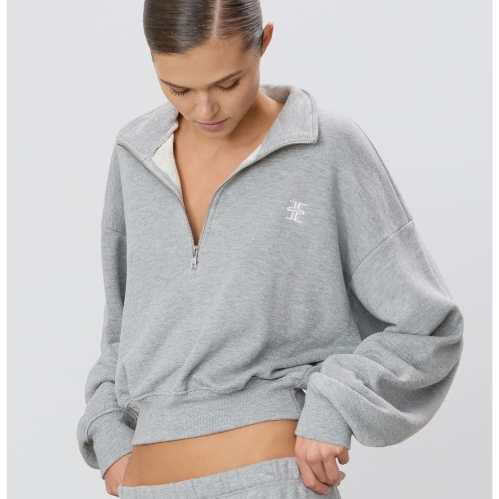 Eterne Womens Cropped Half Zip Sweatshirt Heather Grey CBFT315-05 Medium NEW